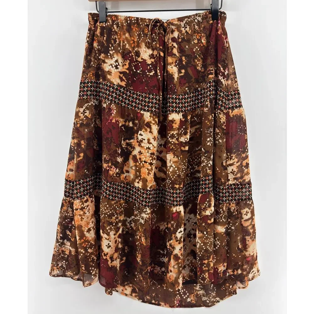Vtg Patchwork Fairygrunge Boho Drawstring Midi Skirt 14P Hippie Dark Romantic